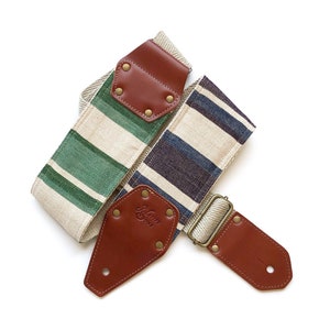 The Aurora Guitar Strap - 3 inch wide, hemp, Blue, Green, and White stripes Guatemalan sarape, extra wide bass strap, saddle blanket leather