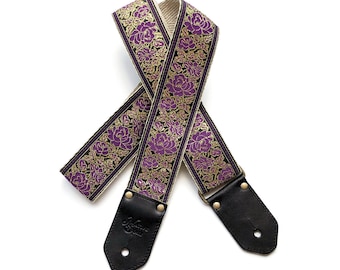 The Emmy Guitar Strap by Native Sons - Gold and Purple floral motif Guitar strap with leather and nylon, hemp Sparkly Gold and Purple flower