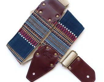 The Horizon in Navy Guitar Strap - Blue Brown and Red striped design 3 inch wide, hemp, extra wide bass strap 3" strap comfortable leather