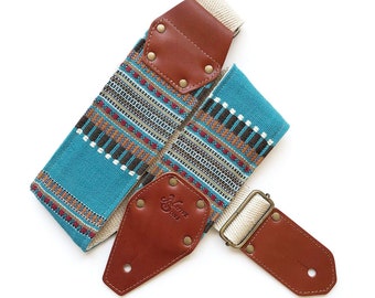 The Horizon in Sky Guitar Strap - 3 inch wide, hemp, extra wide bass strap Blue striped three inch guitar strap with custom leather options