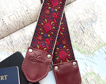 The Vino Camera Strap - unique paisley rich wine reds purple yellow black, made of hemp or nylon with leather options 2 inch
