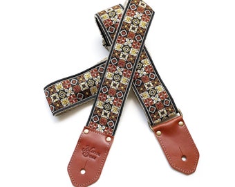 The Drifter Guitar Strap by Native Sons - Brown, tan and Black Vintage 60's Style Guitar strap with leather and nylon hemp woodstock strap