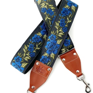 The Wyatt Guitar Strap Style Bag Strap - Blue and Black floral Replacement Strap,Purse, Bag, luggage, Interchangeable guitar bag strap