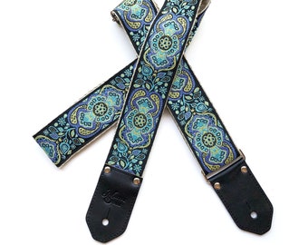 Correa de guitarra Nebula de Native Sons - Motivo Paisley Correa de guitarra de cuero y nailon o cáñamo Estilo tapiz azul agua, amarillo y negro