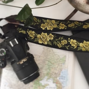 The Mason Camera Strap by Native Sons - Yellow and Black Rose floral , Binocular Strap, Nylon or hemp camera strap 2 inches wide Leather end