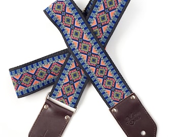The Malibu Guitar Strap by Native Sons - Cool vibrant Fluorescent Pink and Blue Native design  guitar strap in hemp / nylon  custom Leather