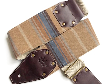 The Rio 3 inch Guitar Strap - Blue Brown Grey and Taupe Stripe 3 inches wide Cool Guitar Strap, Hemp strap, Custom leather