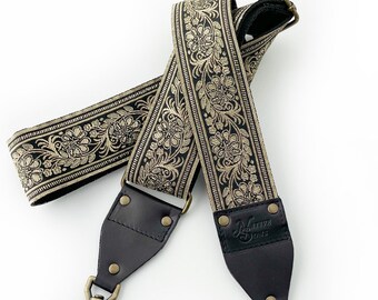 The Eclipse Guitar Strap Style Bag Strap - Gorgeous Gold and Black Hand Bag strap with Vining floral motif on black , Replacement bag strap