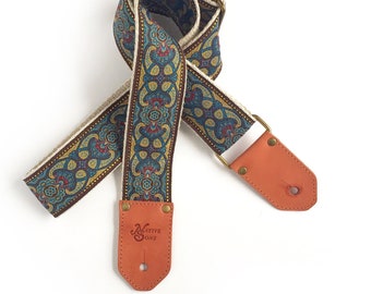 The Aries Guitar Strap by Native Sons - Blue Burgundy and Gold Vintage style tapestry paisley strap with leather, made in nylon or hemp