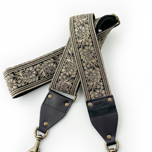 The Eclipse Guitar Strap Style Bag Strap - Gorgeous Gold and Black Hand Bag strap with Vining floral motif on black , Replacement bag strap