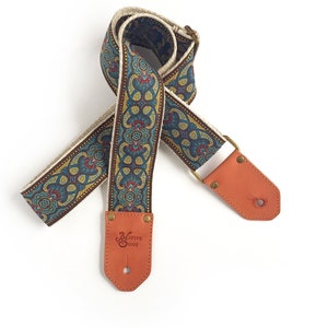 The Aries Guitar Strap by Native Sons - Blue Burgundy and Gold Vintage style tapestry paisley strap with leather, made in nylon or hemp