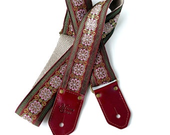 The Jade Guitar Strap - by Native Sons flower child strap pink floral and green yellow maroon accents on brown background in Hemp or Nylon