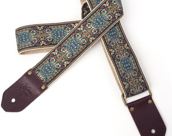 The Calypso Guitar Strap by Native Sons - Vintage style tapestry strap, blue and earth tones,  cool guitar Strap, hemp strap, custom Leather