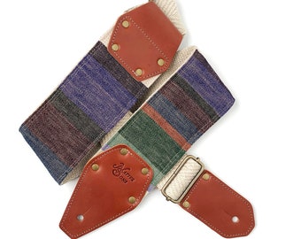 The Durango Guitar Strap - 3 inch wide, forest Green, Denim Blue, stripe Hemp Guatemala Sarape Extra wide Bass Strap Saddle blanket Leather