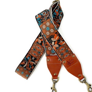 The Mojave Guitar Strap Style Bag Strap - Unique Floral, Paisley, Native Motifs in Rust, Blue, Browns, Black, cross body style bag strap