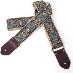 The Calypso Guitar Strap by Native Sons - Vintage style tapestry strap, blue and earth tones,  cool guitar Strap, hemp strap, custom Leather