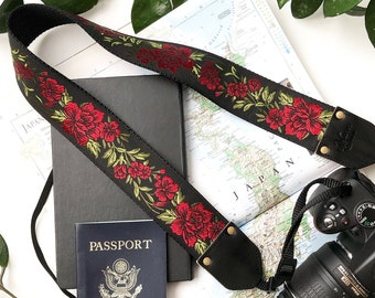 The Buckley Camera Strap by Native Sons - Red Rose, green and black floral embroidered strap, for Binocular, Nylon or hemp camera, 2 inch