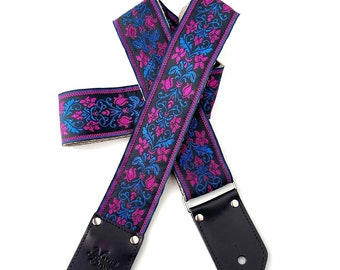 The Riley Guitar Strap by Native Sons - Fuschia Pink Blue Black Floral Motif Guitar strap with custom leather and nylon or hemp 2 inch wide