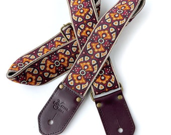 The Austin Guitar Strap - by Native Sons Maroon Paisley in tangerine tan black background nylon or hemp Bass Strap custom leather option