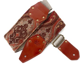 The Cooper Guitar Strap -Brown Rust tan Earth tone tapestry style, 3 inch bass strap, wide guitar strap, hemp guitar  bass strap
