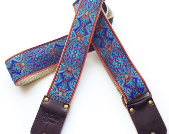 The Neptune Guitar Strap by Native Sons - Royal Blue and Red Guitar Strap, Vintage Style Tapestry Strap in Hemp or Nylon with Leather