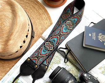 The Avalon Camera Strap by Native Sons - tapestry teal blue, red, gold &  black camera strap made of hemp/nylon  custom Leather