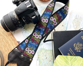The Aster Camera Strap- Unique Blue, green and Purple floral strap on Black background for camera