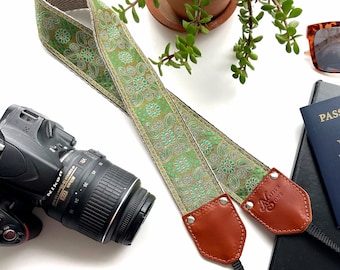 The Siren in Emerald Camera Strap - Emerald and Lime green floral and Paisley bag strap Cool camera Strap, hemp strap, leather