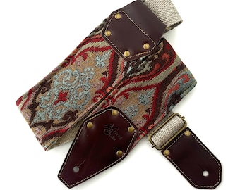 The Ellis Guitar Strap -Teal Red and Brown Jewel tone tapestry style, 3 inch bass strap, wide guitar strap, hemp guitar  bass strap