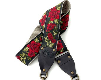 The Buckley Guitar Strap Style Bag Strap - Red and Green Floral on a black Back ground with Hemp and leather, Purse, handbag, luggage strap