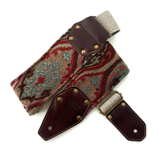 The Ellis Guitar Strap -Teal Red and Brown Jewel tone tapestry style, 3 inch bass strap, wide guitar strap, hemp guitar  bass strap