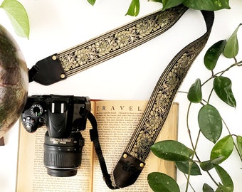 The Eclipse Camera Strap by Native Sons - Black and Metallic Gold Vining Floral, Binocular Strap, Nylon or hemp camera strap 2 inches wide