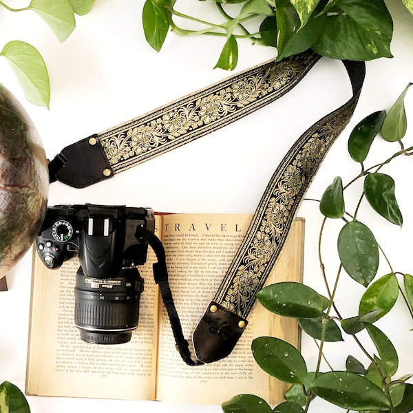 The Eclipse Camera Strap by Native Sons - Black and Metallic Gold Vining Floral, Binocular Strap, Nylon or hemp camera strap 2 inches wide
