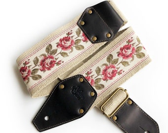 The Ruby 3 inch Guitar Strap - Classic Red, Pink Rose, Army Green Vines on Antique White Cool Guitar Strap, Hemp strap, Custom Leather