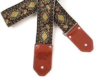 The Capri Guitar Strap by Native Sons - unique Paisley Lemon Yellow and black guitar strap made of hemp or nylon with leather options 2 inch