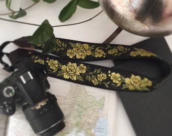 The Mason Camera Strap by Native Sons - Yellow and Black Rose floral , Binocular Strap, Nylon or hemp camera strap 2 inches wide Leather end