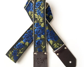 The Wyatt Guitar Strap - Black Blue Floral Rose with Green leaves, custom Leather Ends, bass, electric, acoustic guitars, gift
