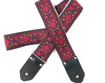 The Vino Guitar Strap by Native Sons - unique paisley rich wine reds purple yellow black, made of hemp or nylon with leather options 2 inch