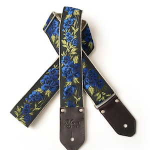 The Wyatt Guitar Strap - Black Blue Floral Rose with Green leaves, custom Leather Ends, bass, electric, acoustic guitars, gift