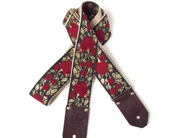 The Billy Guitar Strap - Red Floral Rose Strap with Gold leaf on black custom leather ends for bass, acoustic, electric string instruments