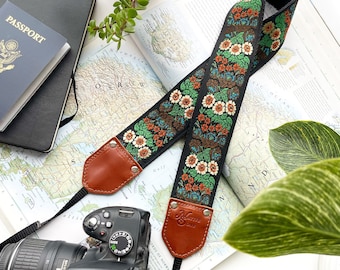 The Eden Camera Strap - Green Floral with yellow orange brown blue flowers on Black w leather, Camera Strap