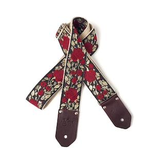 The Billy Guitar Strap - Red Floral Rose Strap with Gold leaf on black custom leather ends for bass, acoustic, electric string instruments