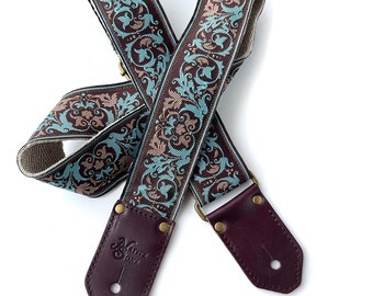 The Charlie Guitar Strap - by Native Sons art nouveau floral in powder Blue and cafe au lait on espresso brown background in hemp or Nylon