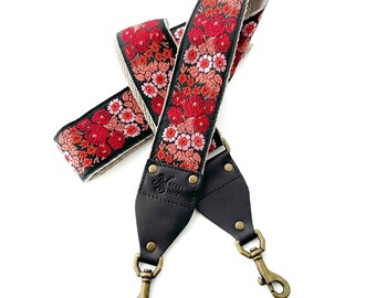 The Harper Guitar Strap Style Bag Strap- Red, Coral & Pink Floral, Custom Leather, Handbag, Luggage, Purse , Cross body style strap flowers