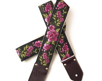 The Odel Guitar Strap by Native Sons- Fuchsia pink floral on black, custom leather ends, acoustic, electric or bass strap in hemp or nylon