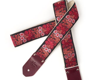 The Harper Guitar Strap - Red, Coral, Pink Floral, black  leather ends, custom leather, electric, acoustic, bass guitar string instruments