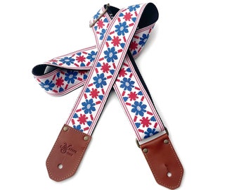 The Rambler in Royal Guitar Strap by Native Sons - Vintage Red White and Blue floral best bass guitar strap in hemp or nylon