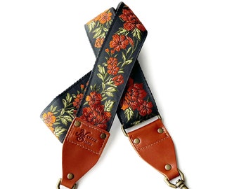 The Copper Penny Guitar Strap Style Bag Strap-  Orange, Black & Green Floral with Custom Leather for Handbag, Luggage, Purse , Cross body