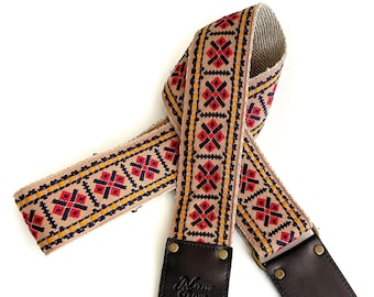 The Ryder Guitar Strap by Native Sons - Vintage Style Graphic woven Brown Red Navy bass strap w hemp or Nylon w custom leather choice