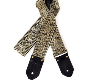 The Eclipse Guitar Strap by Native Sons - Gold and Black floral motif Guitar strap with leather and nylon or hemp